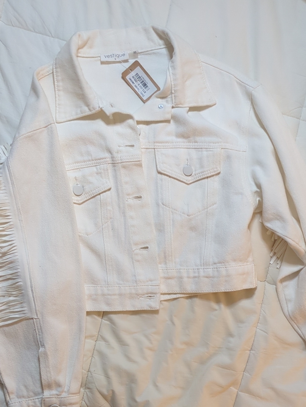 vestique Cream Cropped Fringe Jean Jacket